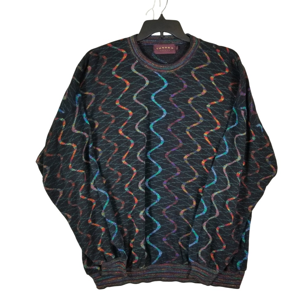 Tundra Sweater Mens XL Black Rainbow 3D Knit Zigzag Vintage Canada